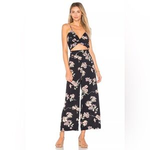 FLYNN SKYE Emily Jumpsuit Sz M Black Floral Made in USA Cut-Out Wide-Leg Boho